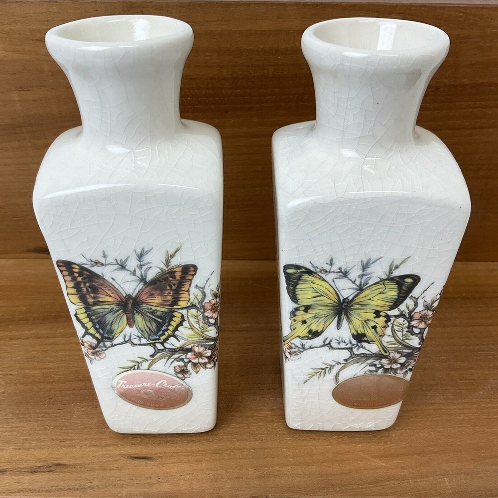 Vintage Pottery Craft USA Ceramic Crackled Butterfly Vase Set Of 2